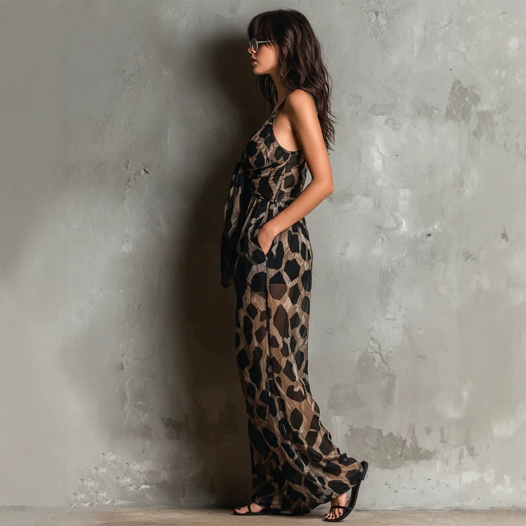 Retro Leopard Print Deep V-neck Tie-detail Strap Jumpsuit