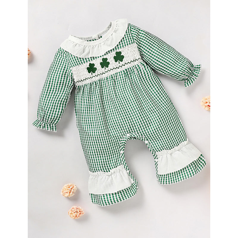 Ewborn Baby Girls Green Plaid Four-leaf Clover Allover Imprimer Bodysui à manches longues en une seule pièce