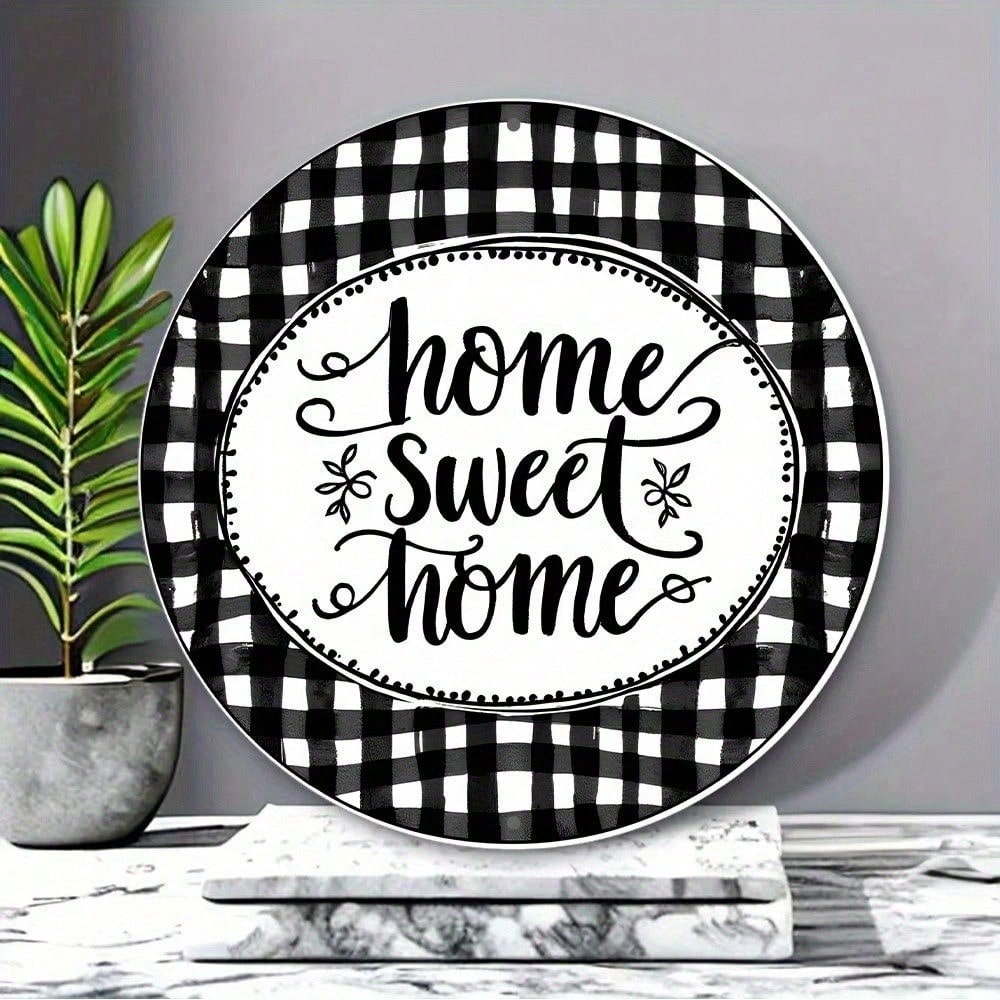 Black and White Checkered Home Sweet Wreath Round Metal Sign 8in