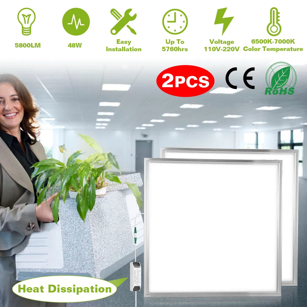 2 PCS 48W 2FT LED Panel Light 5800LM 7000K Ceiling Lighting 150W Equivalent LED Troffer Re