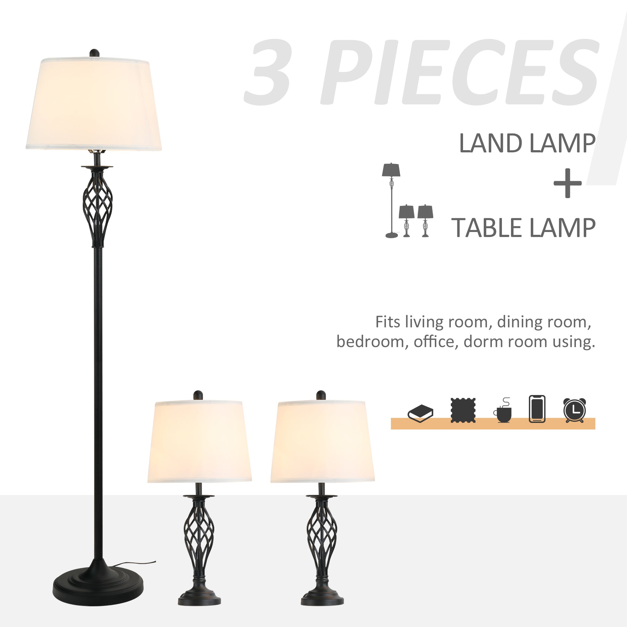 Ensemble de lampadaire de table 3 pièces avec pôle métallique