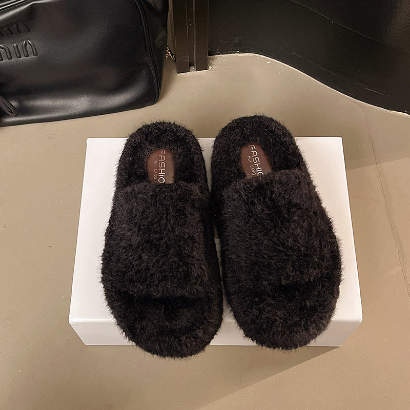 Plateforme Automne Hiver Coton Pantoufles Fuzzy Pantoufles Femmes Outdoor Vintage Fashion Furry