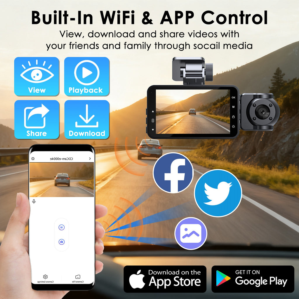 WiFi FHD 1080P 3 canaux voiture Dash Cam arrière à l'intérieur avec détection de mouvement de carte MMC 32G