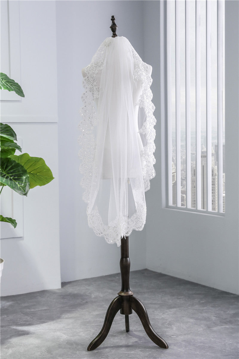 Short Veil Soft Mesh Dentelle pailletée Blanc Ivoire