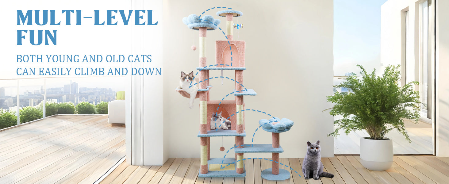 71 pouce arbre de chat fleur avec grand condo coussin de fleur amovible et hamac bleu
