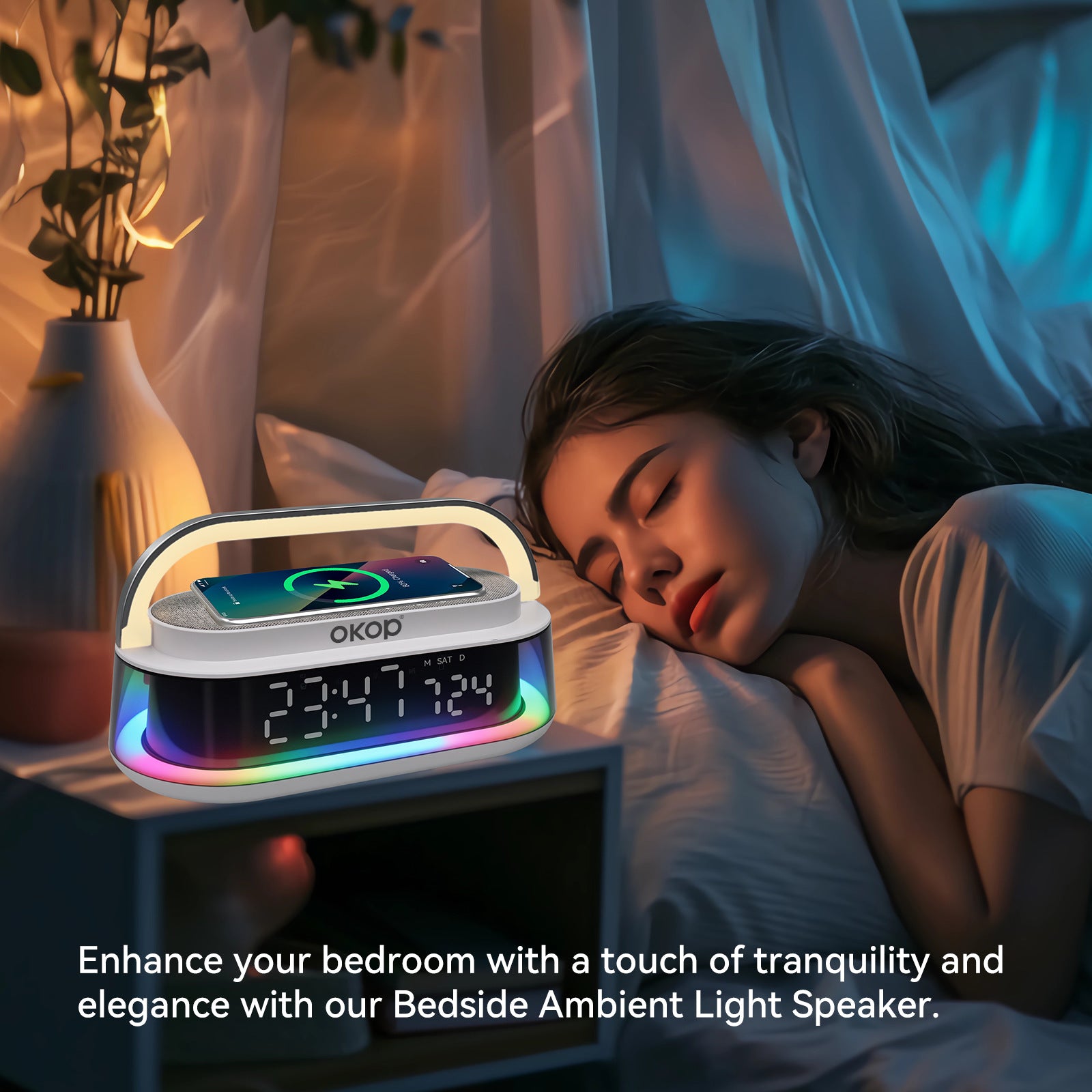 KP-575 Bluetooth Haut-parleur15W sans fil de recharge de bureau réveil RGB lumière ambiante blanc