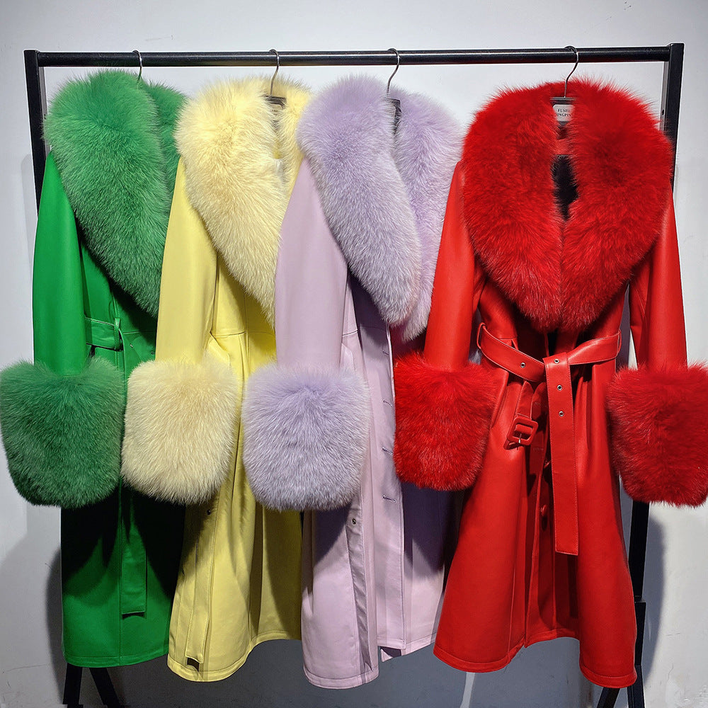 Manteau de fourrure de renard en cuir mince