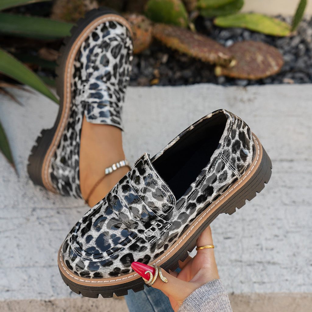 Cuir d'automne ceinture-Buckle Patent cuir Leopard-Imprimé Vintage Femmes Chaussures