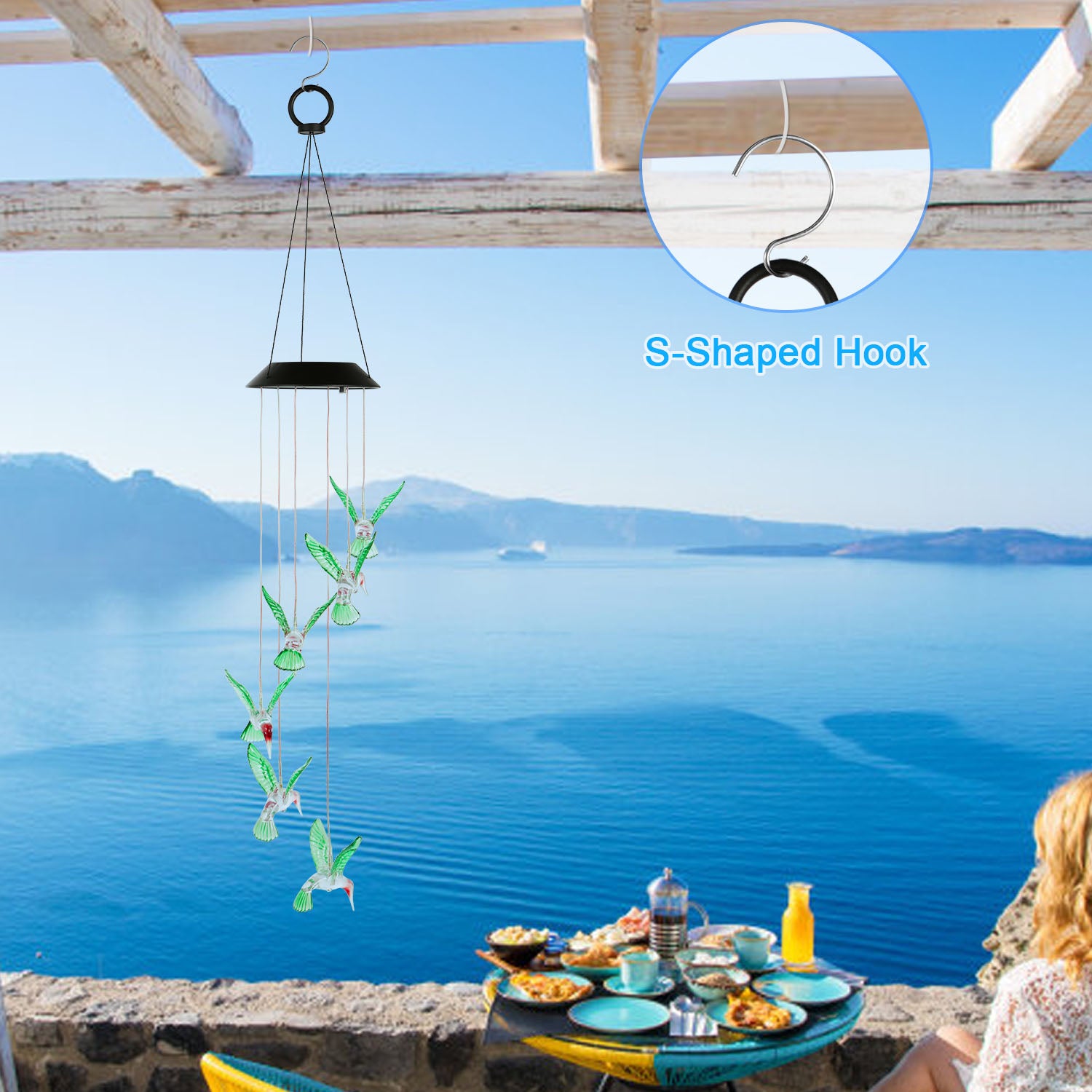 LED Solar Hummingbird Wind Chime for Spring Solar String Lights 6 LEDs Color-Changing IP65
