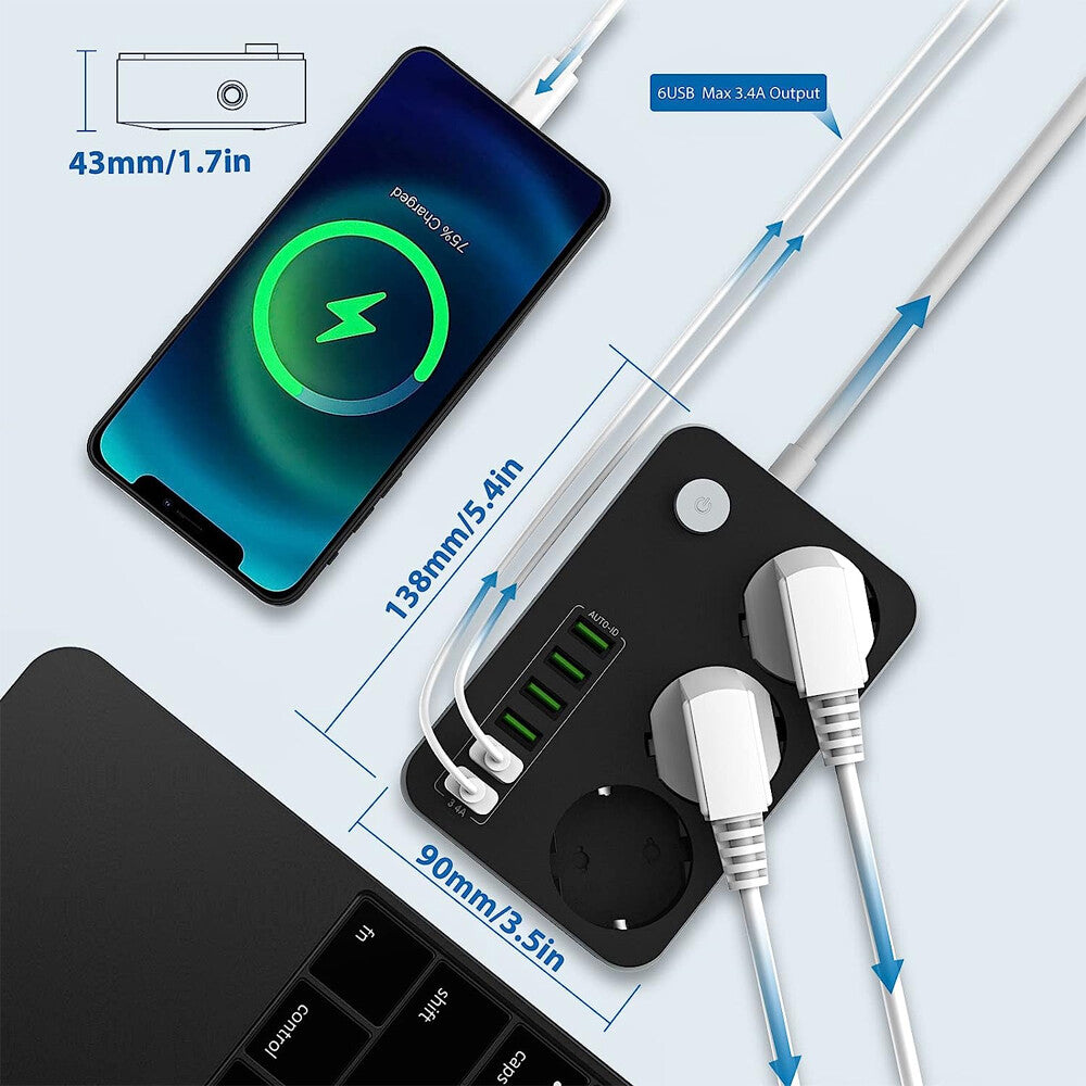Mehrfachsteckdosenleiste Mit 3 Steckdosen Und 6 USB-Anschlssen