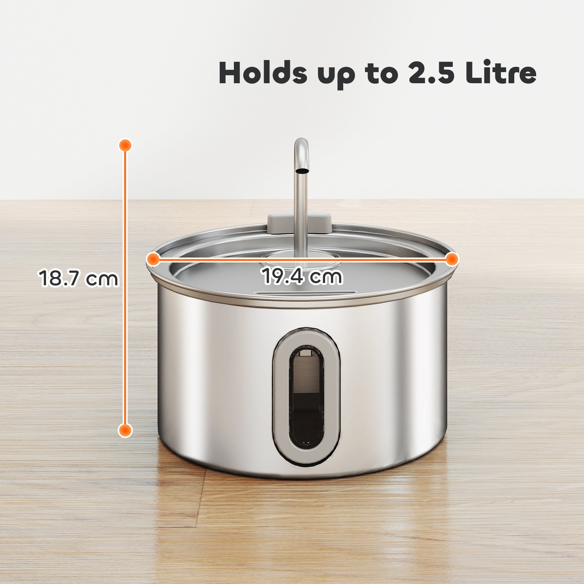 Fontaine d'eau de chat en acier inoxydable 2,5L avec fenêtre de niveau d'eau de pompe ultra silencieux et 7 fils