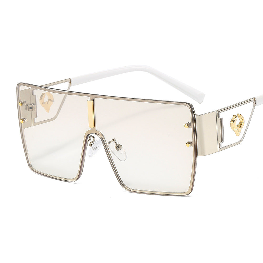 Lunettes de soleil européennes et américaines surdimensionnées en métal d'une pièce avec embellissement à tête d'oxygèneVinta