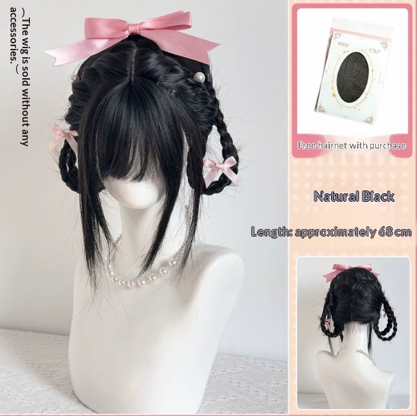 Femmes Wig Wispy Bangs Long droit cheveux noirs tressé Updo