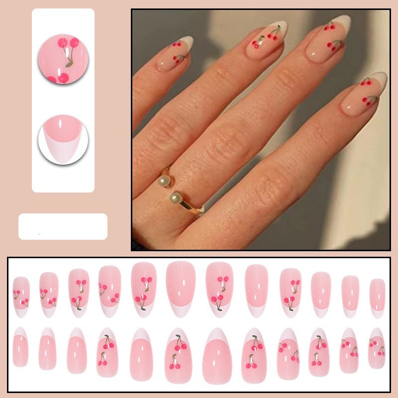 Cerise française amande-forme amovible Conseils de ongles ensemble longue durée délicate et style fille