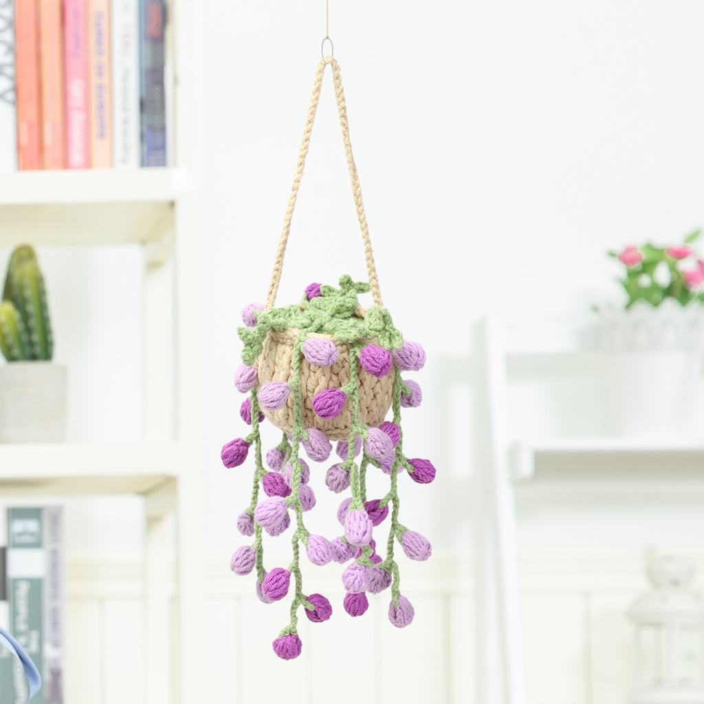 Crochet fait main suspendu Pot ornement avec trailing pourpre fleur Buds Everlasting Soft
