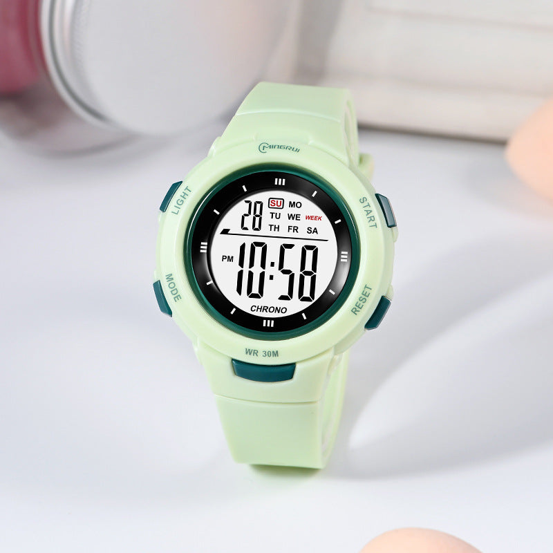 Fashion épingle boucle lumineuse imperméable PU strap Student Montre électronique
