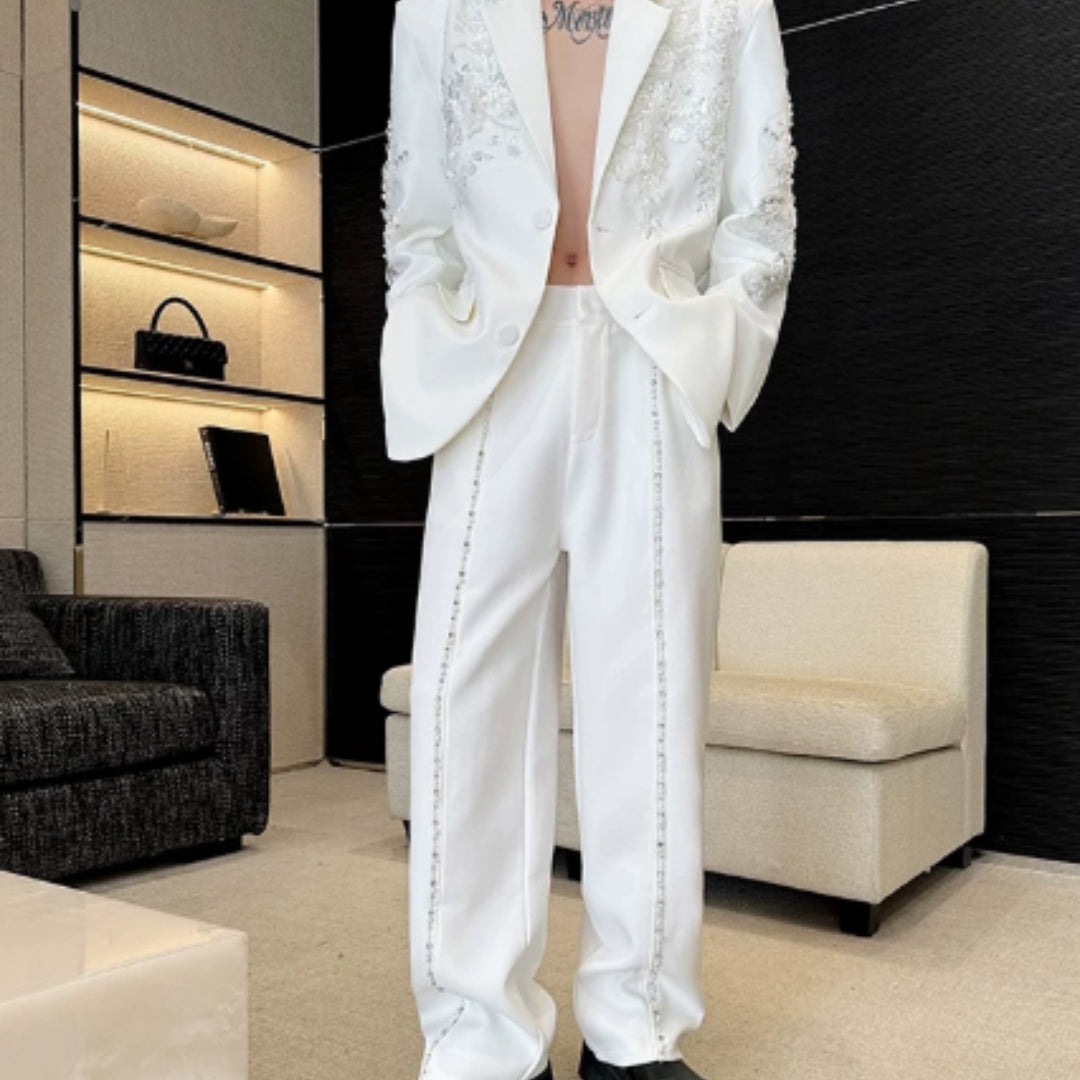 Pearl Strass Epaule Pad blanc costume pour les hommes avec une sensation de détente