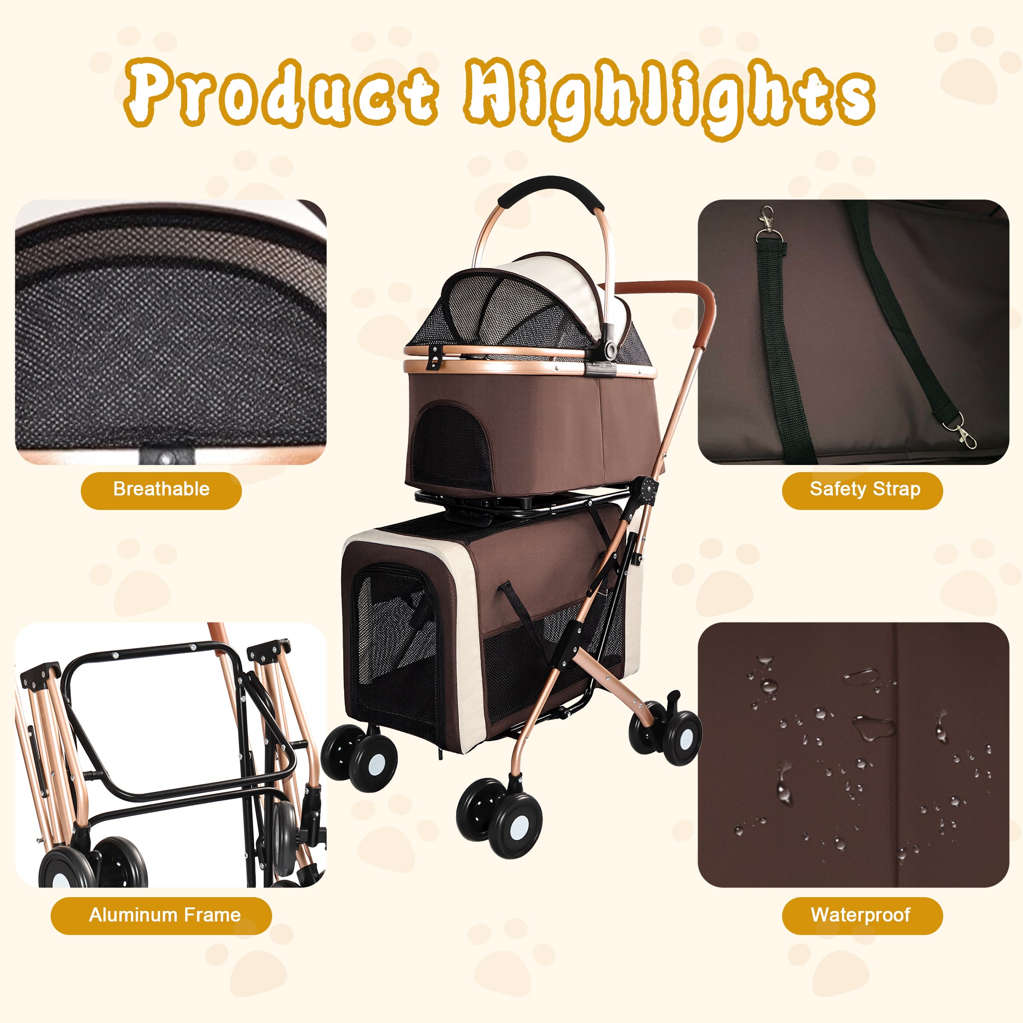 Poussette 3-en-1 pour petits chiens moyens Chats