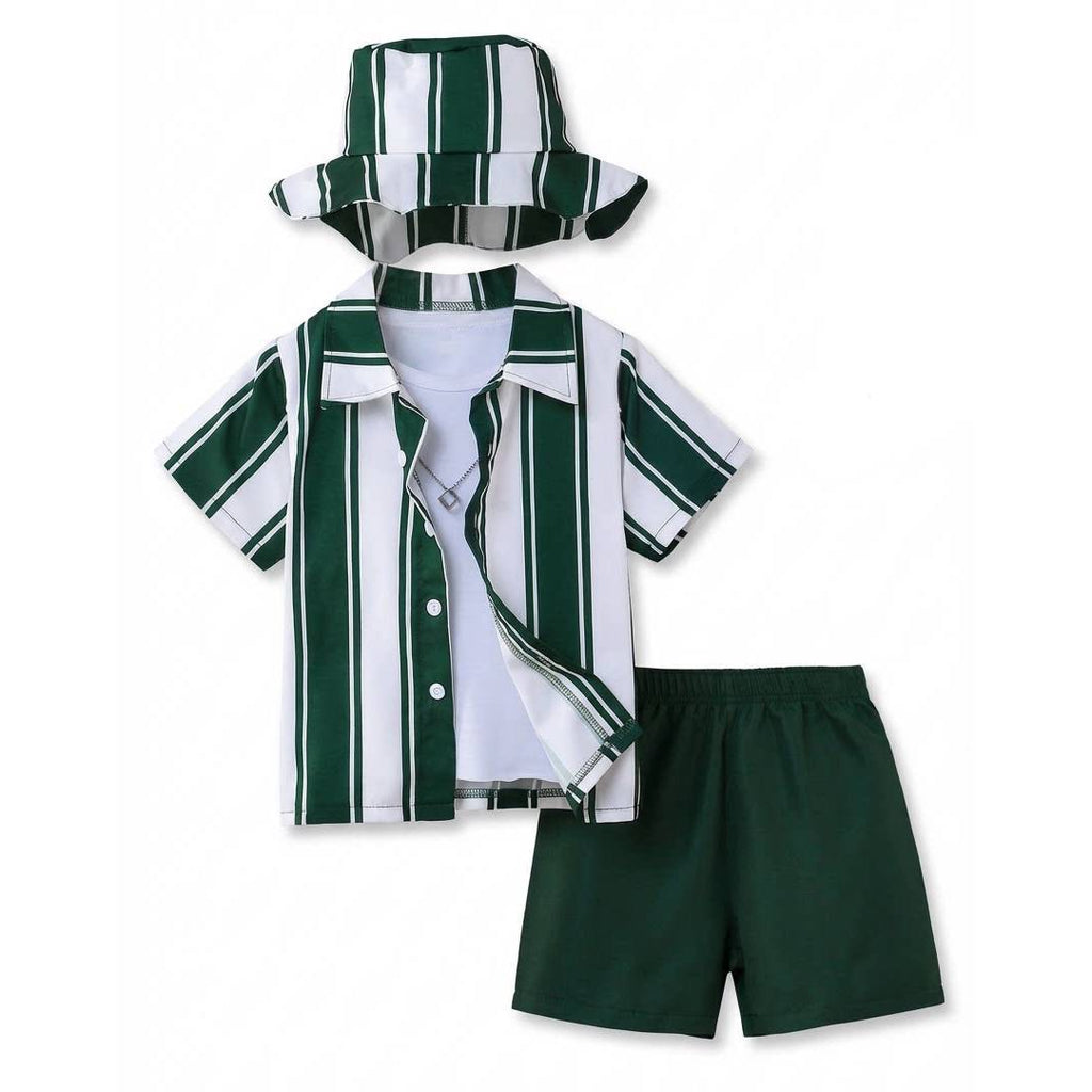 Chemise et shorts à manches courtes à rayures vertes et blanches pour garçons