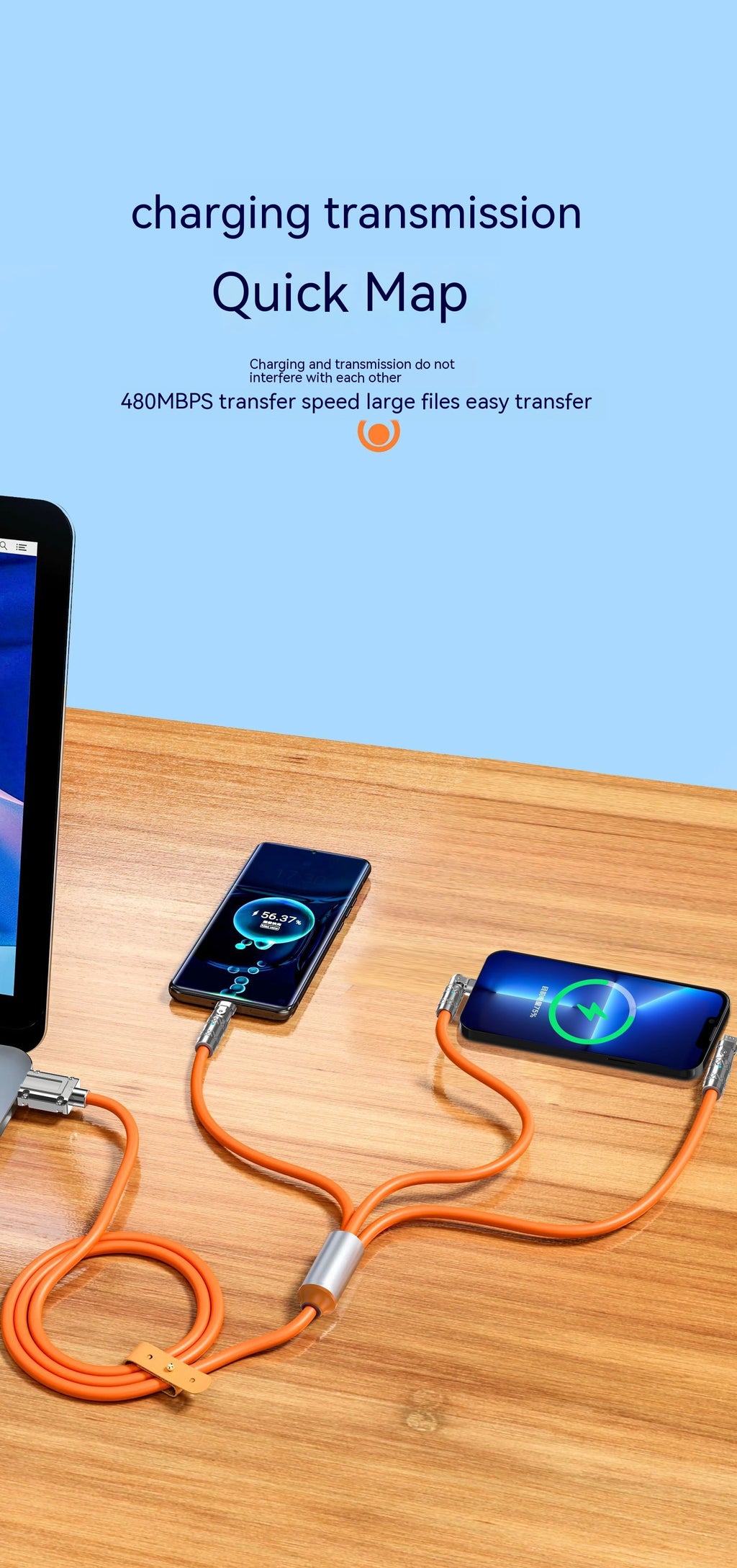 120W Câble de charge en alliage de zinc à charge rapide d'un à trois elbows de 180 degrés