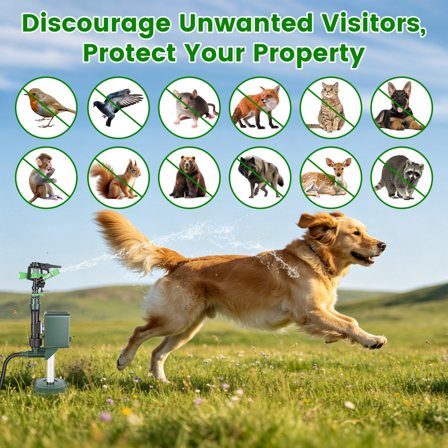 Capteur de mouvement à énergie solaire Sprinkler d'origine animale avec lumière clignotante animal extérieur