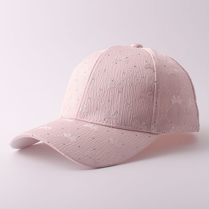 Style coréen Soft Style Bow Tie Strass Casquette de baseball avec des plis texturés et Breathabl