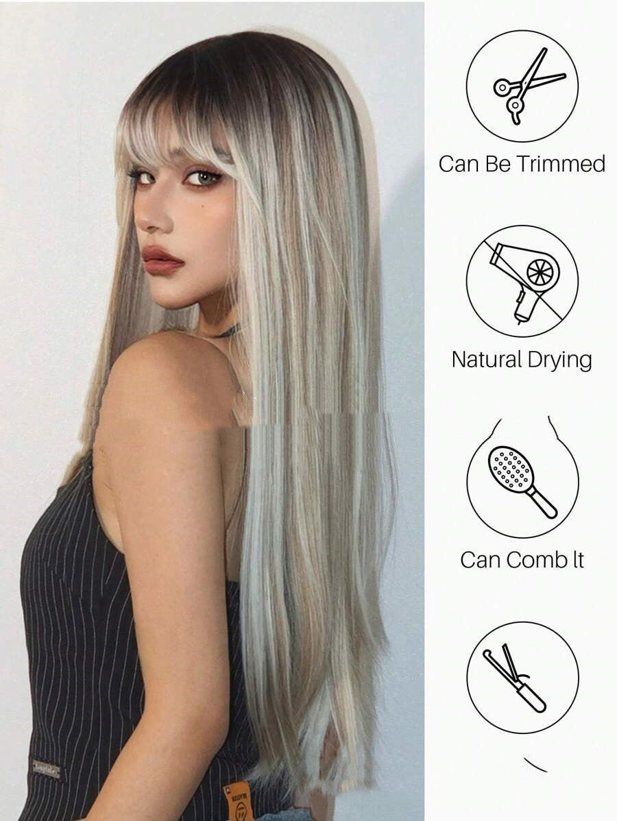 Tête teintes Bangs longs cheveux droits Perruques en fibre haute température