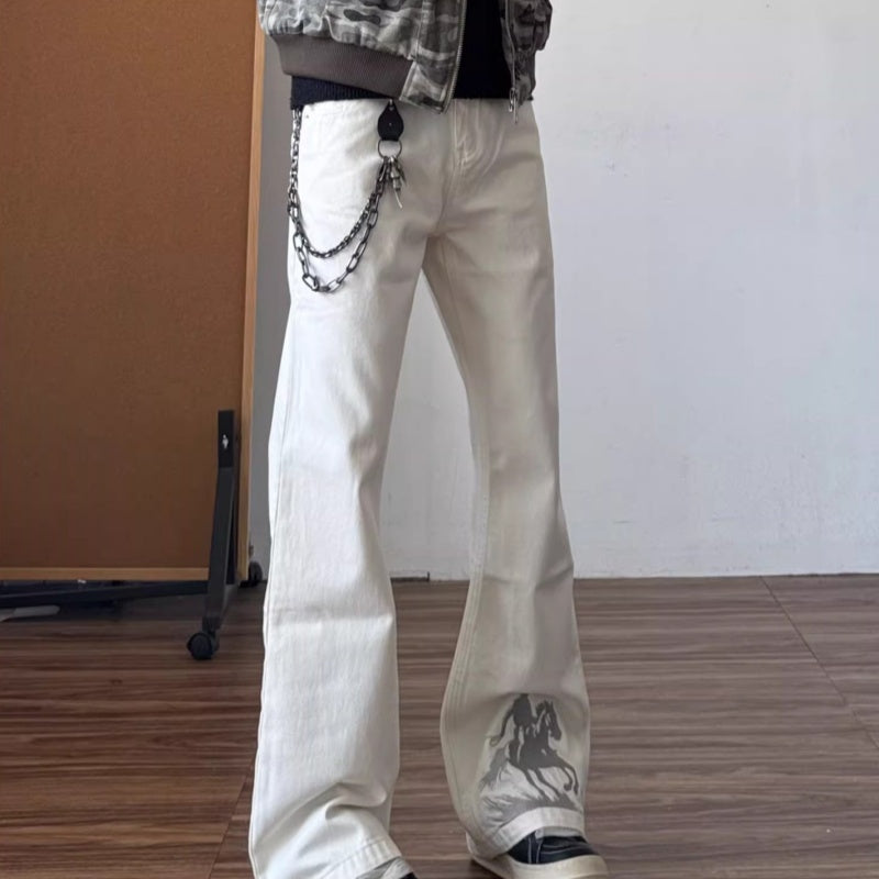 Jeans vintage de style américain brodés blanc pour hommes