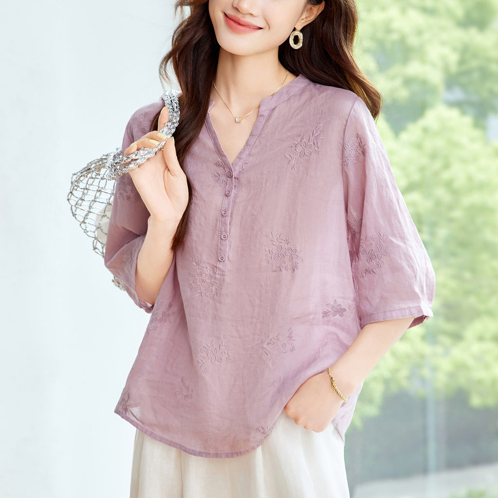 Chemise classique de style chinois en V-col d'été