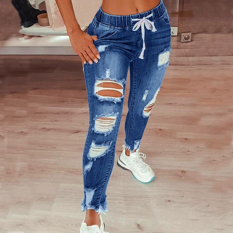 Amazon Européen et américain Style Elastic Waist Jeans Femme Haute-Waisted Skinny