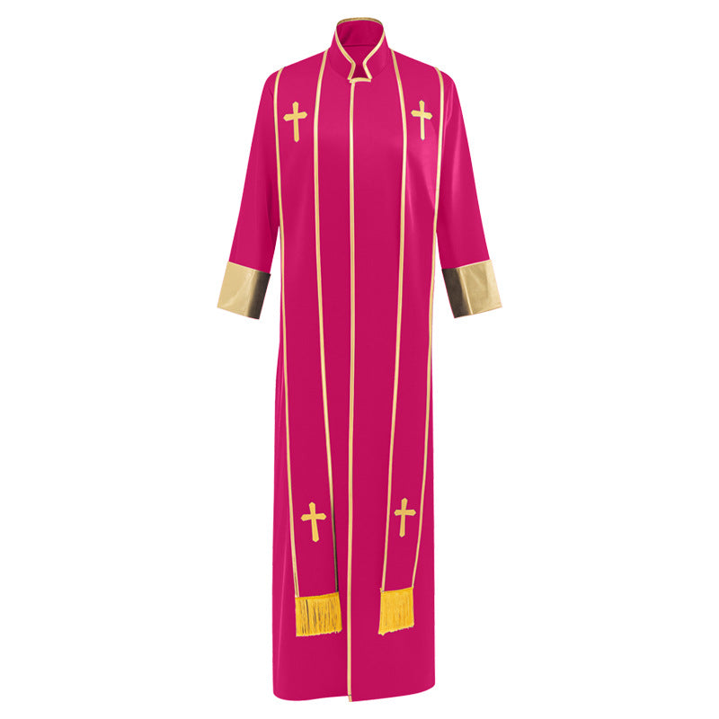 La tenue du pasteur avec broderie croisée multicolore et collier debout