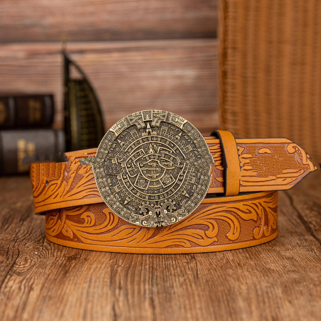 Aztec Sun Calendrier Boucle en pierre Retro PU Ceinture en cuir