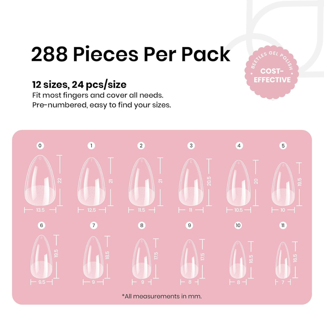 Trucs d'ongle en gel doux Amande courte 288pcs En 12 tailles