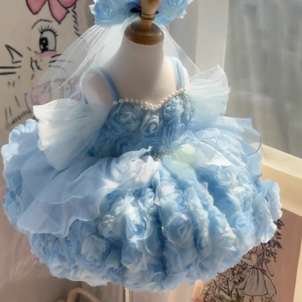 Robe d'anniversaire en trois dimensions bleue pour les petites filles