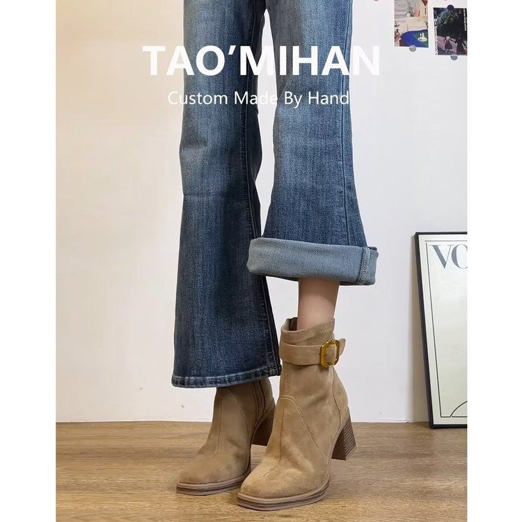 Bottes d'orteil carrées à talons hauts pour femmes