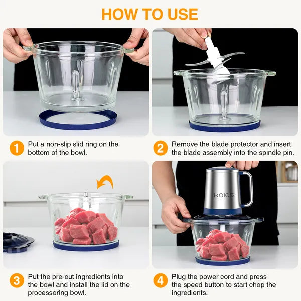 KOIOS Electric Food Chopper Processor Vegetables Meat Grinder Mixer 2L Clear Glass Bowl