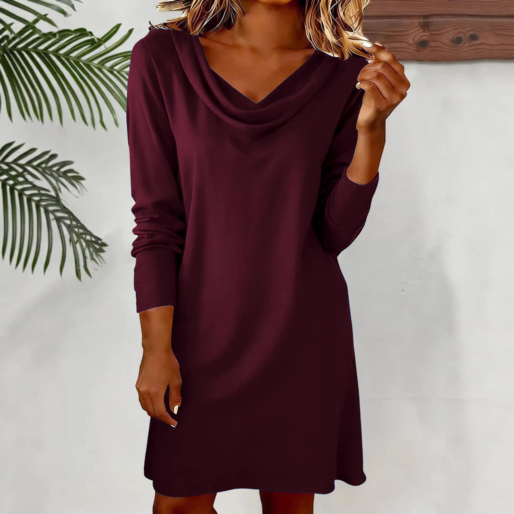 Robe à manches longues pour femme à col de bateau de couleur unie