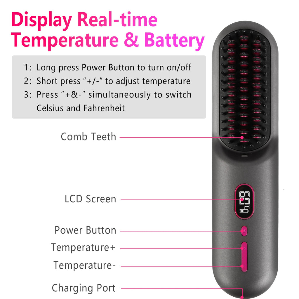 Options Gris-Noir -- 1Pc sans fil Négatif brosse de lisseur de cheveux Ion rechargeable Mini