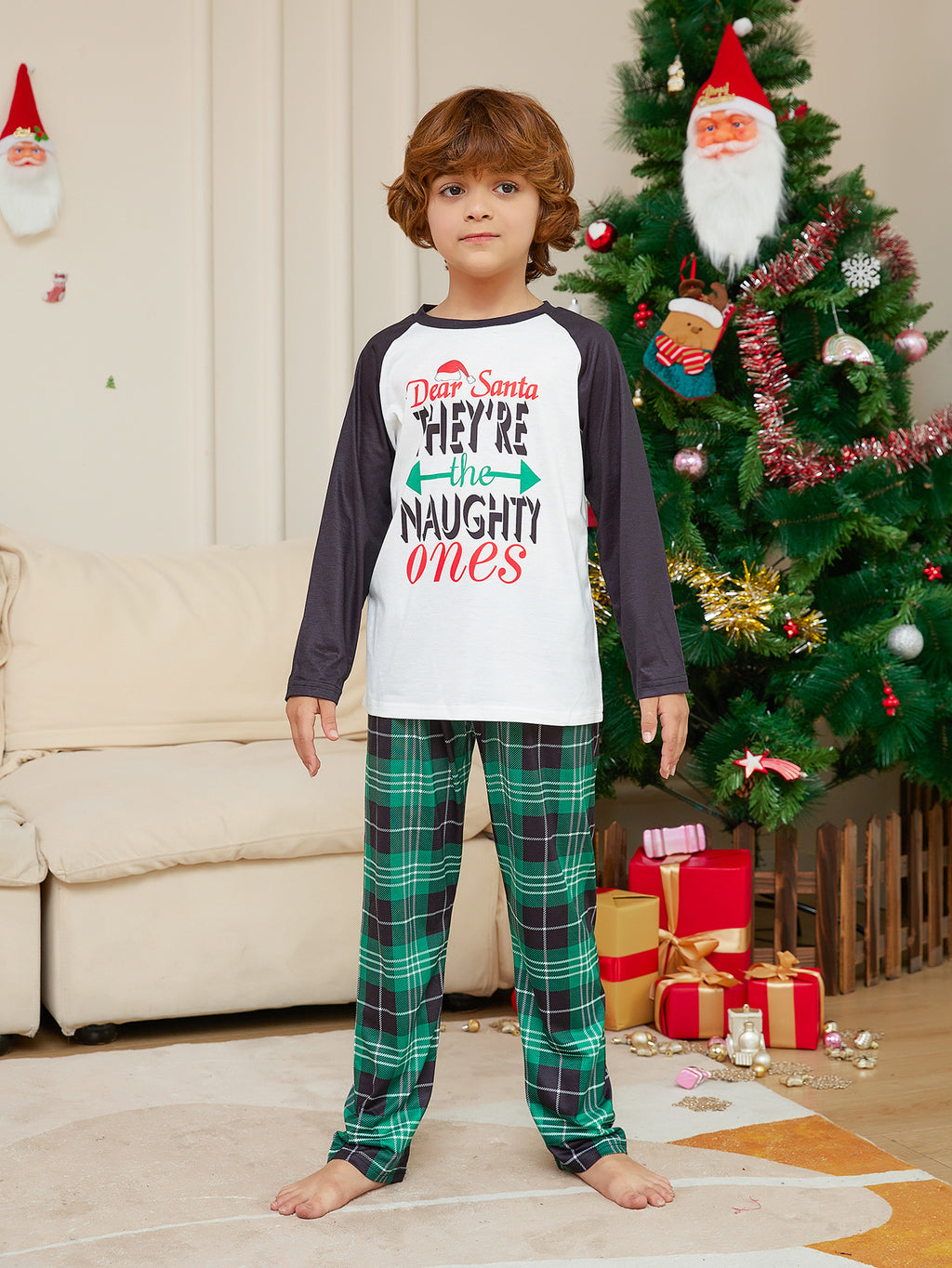 Mode femme vert avec lettres Plaid Imprimé costume de pyjamas