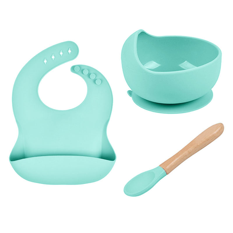 Baby Tableware Solid Food Bowl Silicone Bib Spoon en bois Ensemble de trois pièces