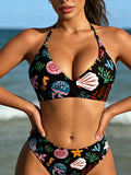 Femme Ocean Creature Imprimer 2 pièces Bikini Set Halter V Collier Mid Waist Beach Baignoire