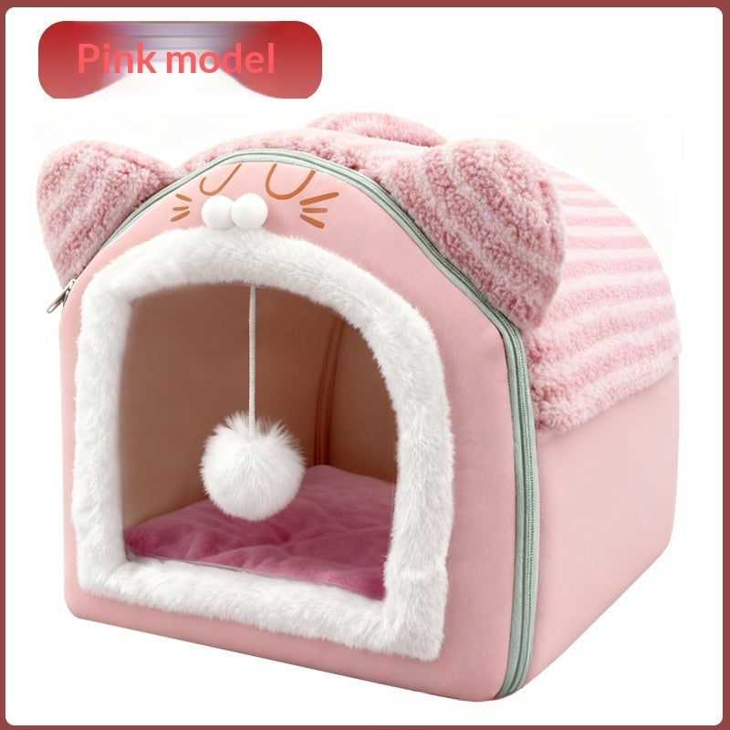 Warm, removable, washable plush pet bed with full enclosure