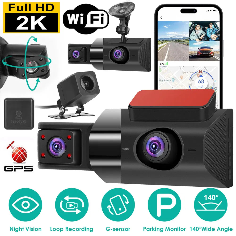 2K Car DVR 3 Channel Dash Cam Recorder Camera with 140 Angle GPS WiFi Night Vision