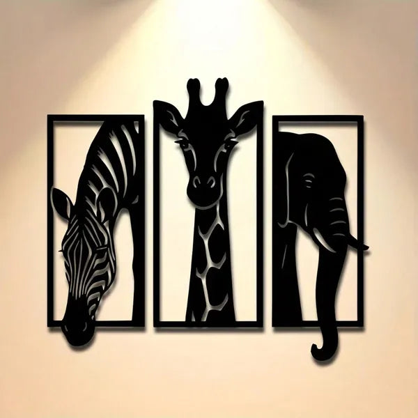 CIFbuy Metal Baked Paint African Animal 3-Piece Wall Art Set Zebra Giraffe Elephant Home D