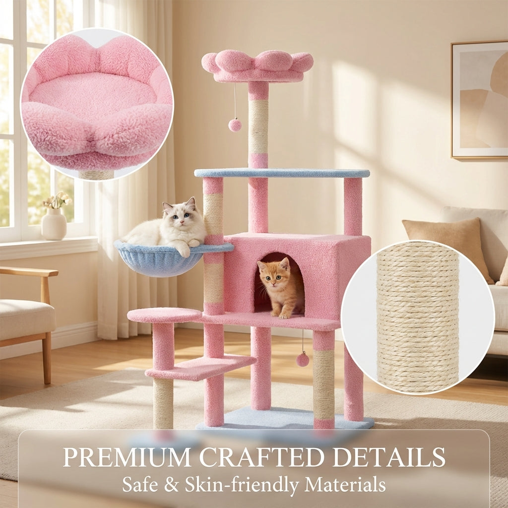 Arbre de chat fleur avec grand condo coussin de fleur amovible et hamac rose