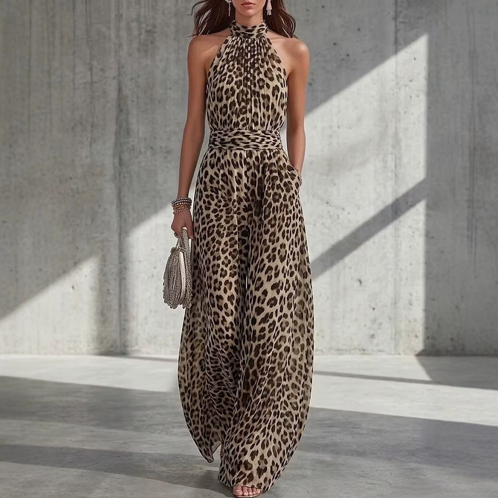 Femmes Casual Leopard-print Coupe longue sans manches col haltère