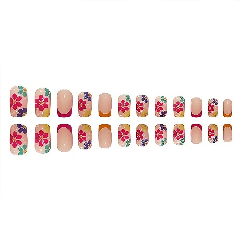 24 PCS Presse sur les ongles Court carré faux avec colle à ongles Français fausses conceptions de fleurs acrylique