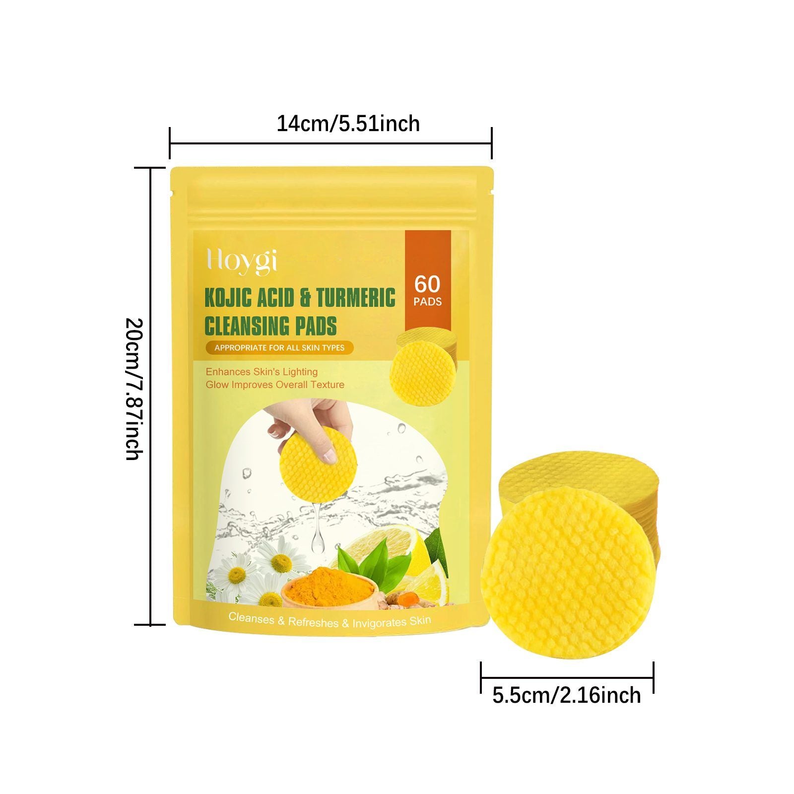 HOYGI Plaquettes de nettoyage du visage en curcuma et en acide Kojic
