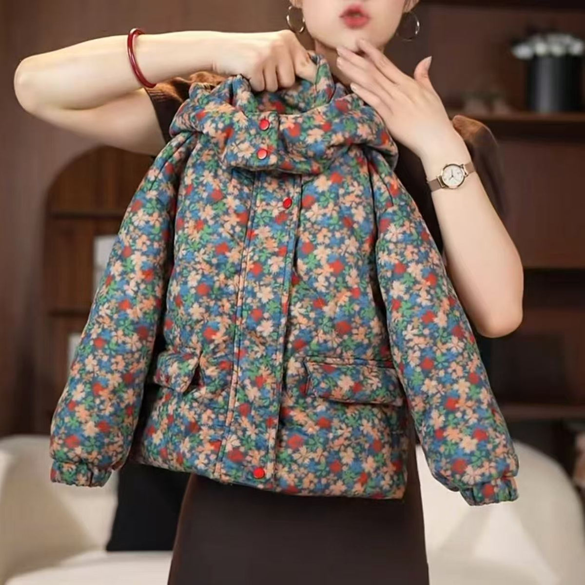 Enfants Mode rembourré chaud Floral manteau à capuche tendance