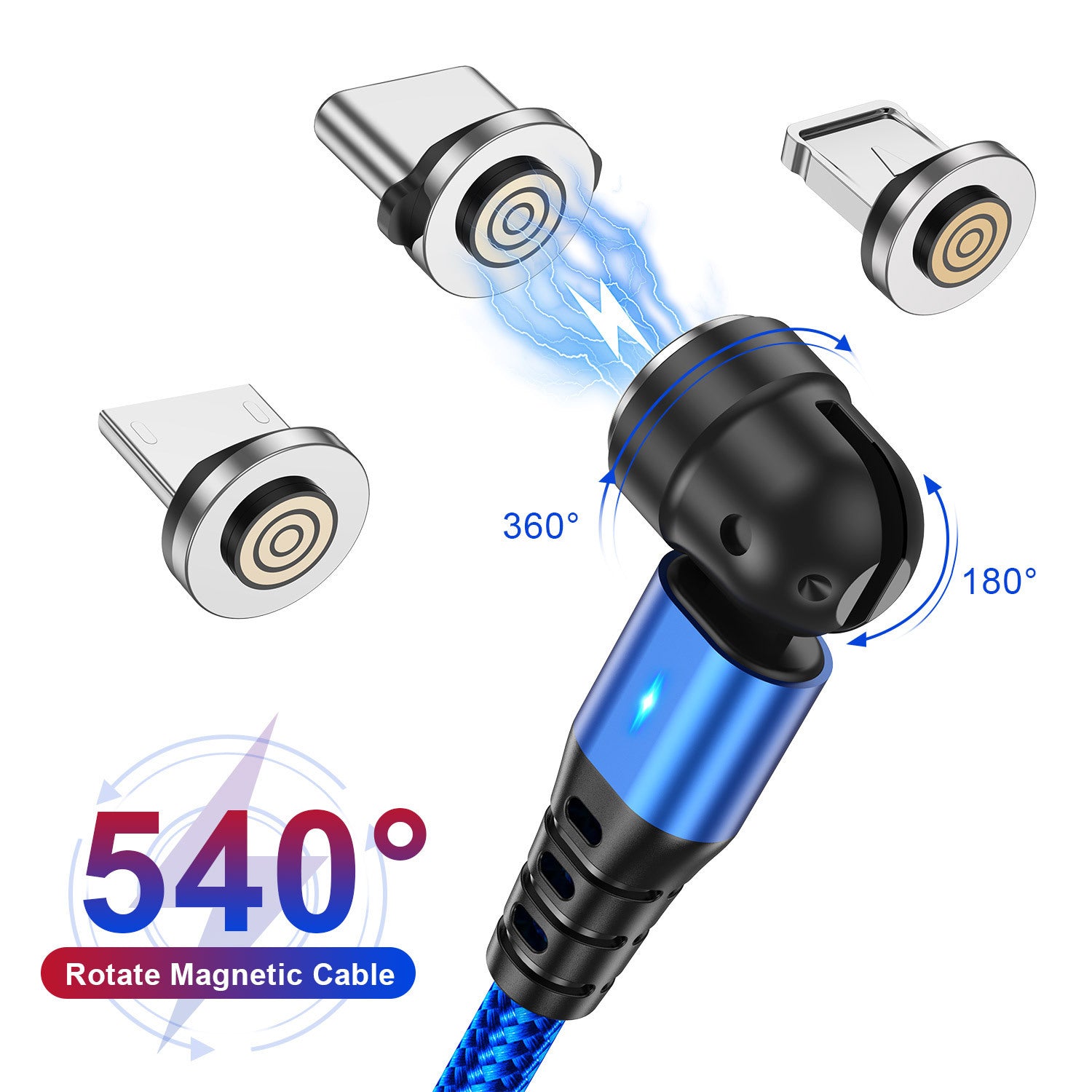 Câble de données magnétique 3-en-1 540 Connecteur rotatif 5A Charge rapide